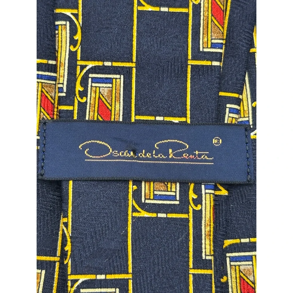 Oscar de la Renta 100% Silk Men's Necktie Navy Blue Gold Red Geometric Vintage